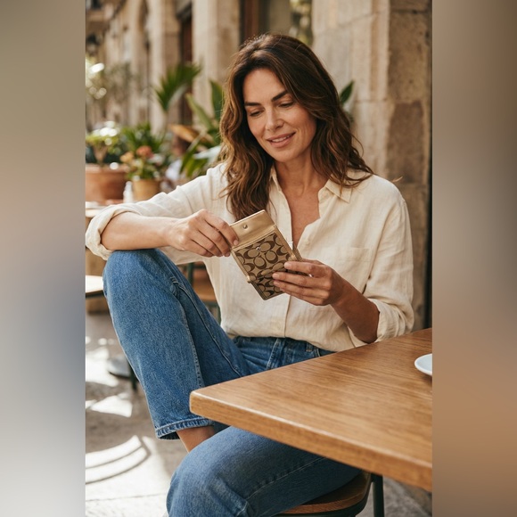 Coach Handbags - Coach Brown Signature Canvas Phone Pouch with Gold Trim